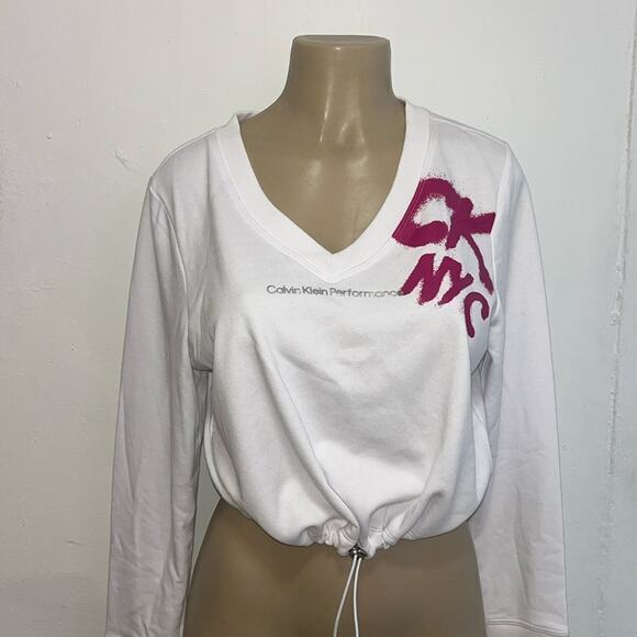 CALVIN KLEIN Performance Fuchsia Lettering V Neck Sweatshirt Sz M - Picture 1 of 6